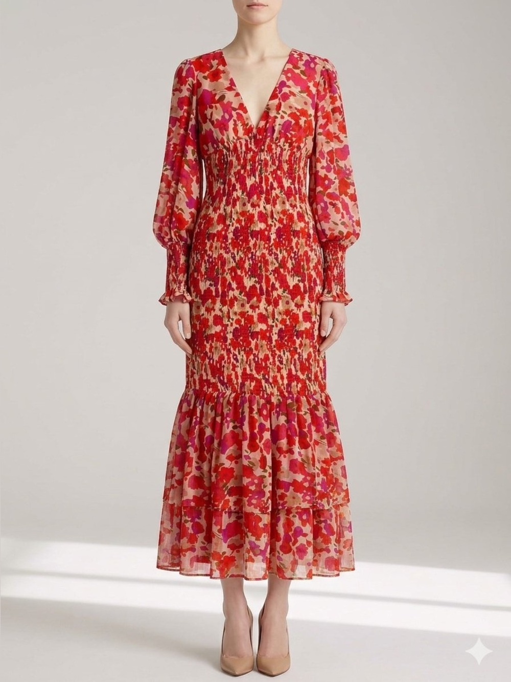 Luxxel Red and Pink Floral Smocked Maxi Dress